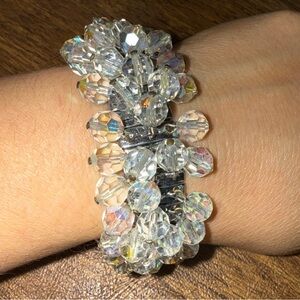 Crystal Beaded Bracelet bangle stretch vintage silver tone